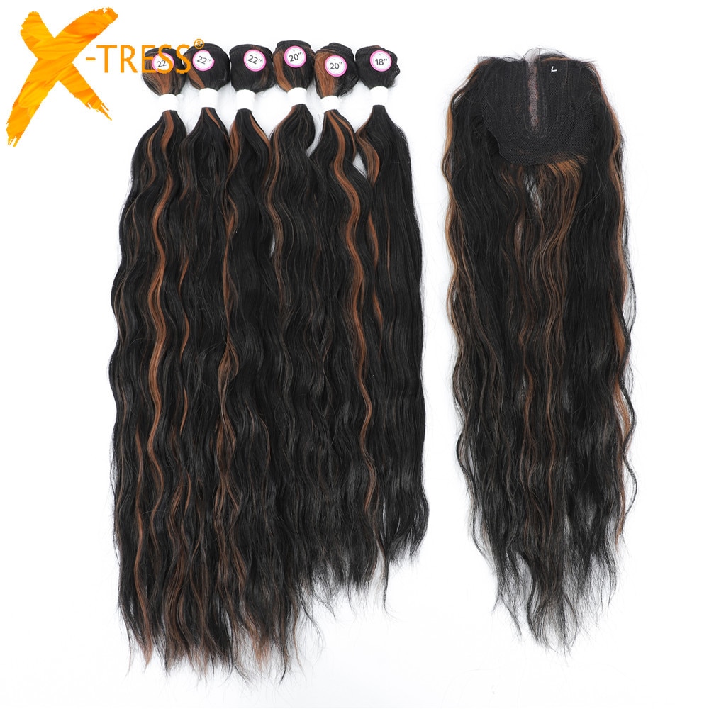 Highlight Brown 6pcs Bundles With Lace Closure 4X4 Natural Wave Synthetic Hair Extensions For Black Women X-TRESS Heat Resistant